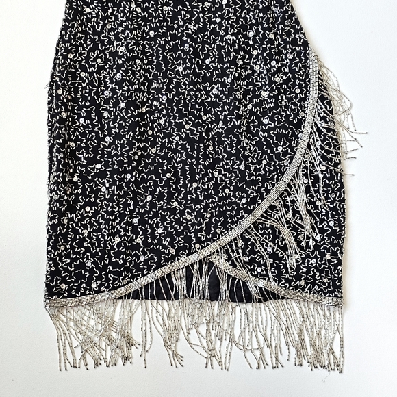 A.J. Bari Petites Silk Hand Beaded Fringe Cocktail Dress Black Silver Gatsby 20s - Picture 4 of 15